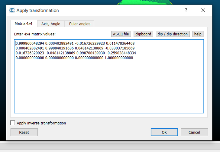 A screenshot showing where to paste the transformation
matrix.