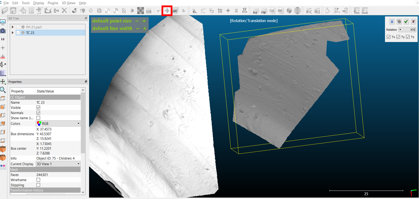 A screenshot of both TC 23 and PH 21 in the same 3D View. The
'Translate/Rotate' tool is highlighted with a red box on the
toolbar.