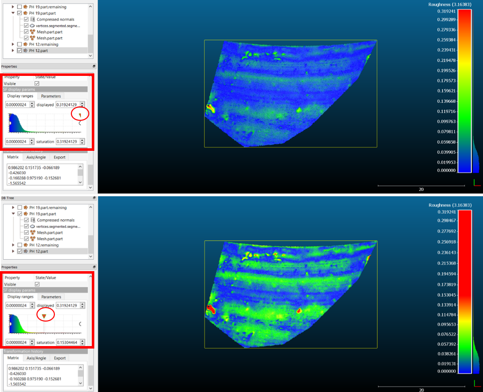 In the top image, the manufacturing traces of PH 12 are less visible.
The SF display params interface is highlighted with a red box and the
red triangle representing the maximum saturation value is circled in
red. In the bottom image, the pottery wheel striations are more visible
in PH 12 because the maximum saturation value has been decreased by
dragging the red triangle to the
left.