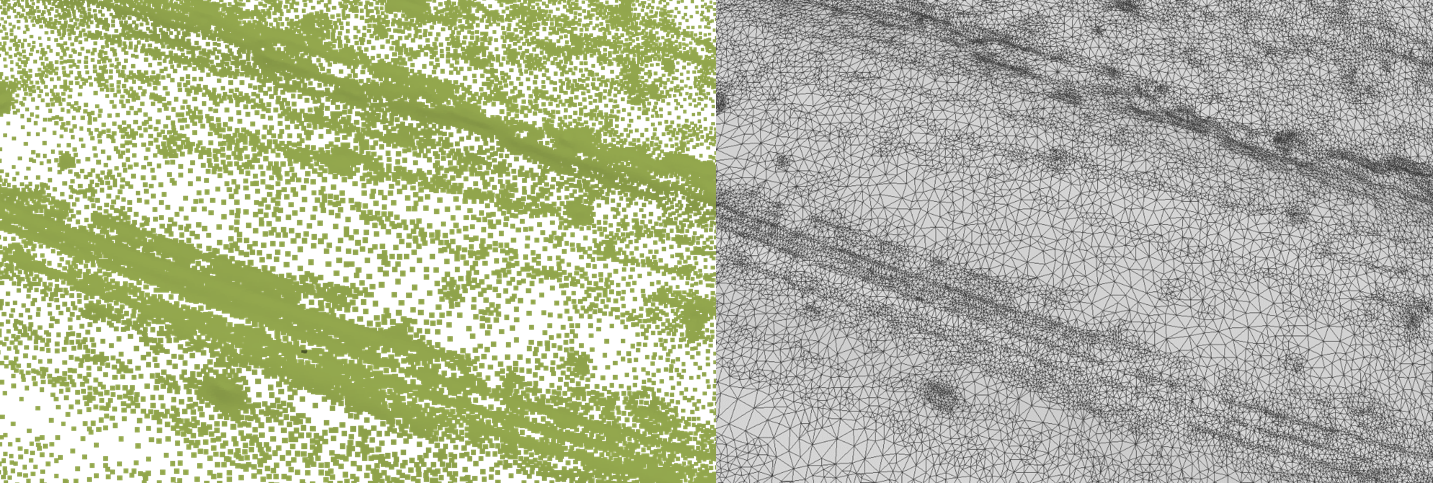 On the left, a close up image of a point cloud from one of the Boston
Fingerprints ceramics. On the right, triangles have been generated
between these points to create a
mesh.