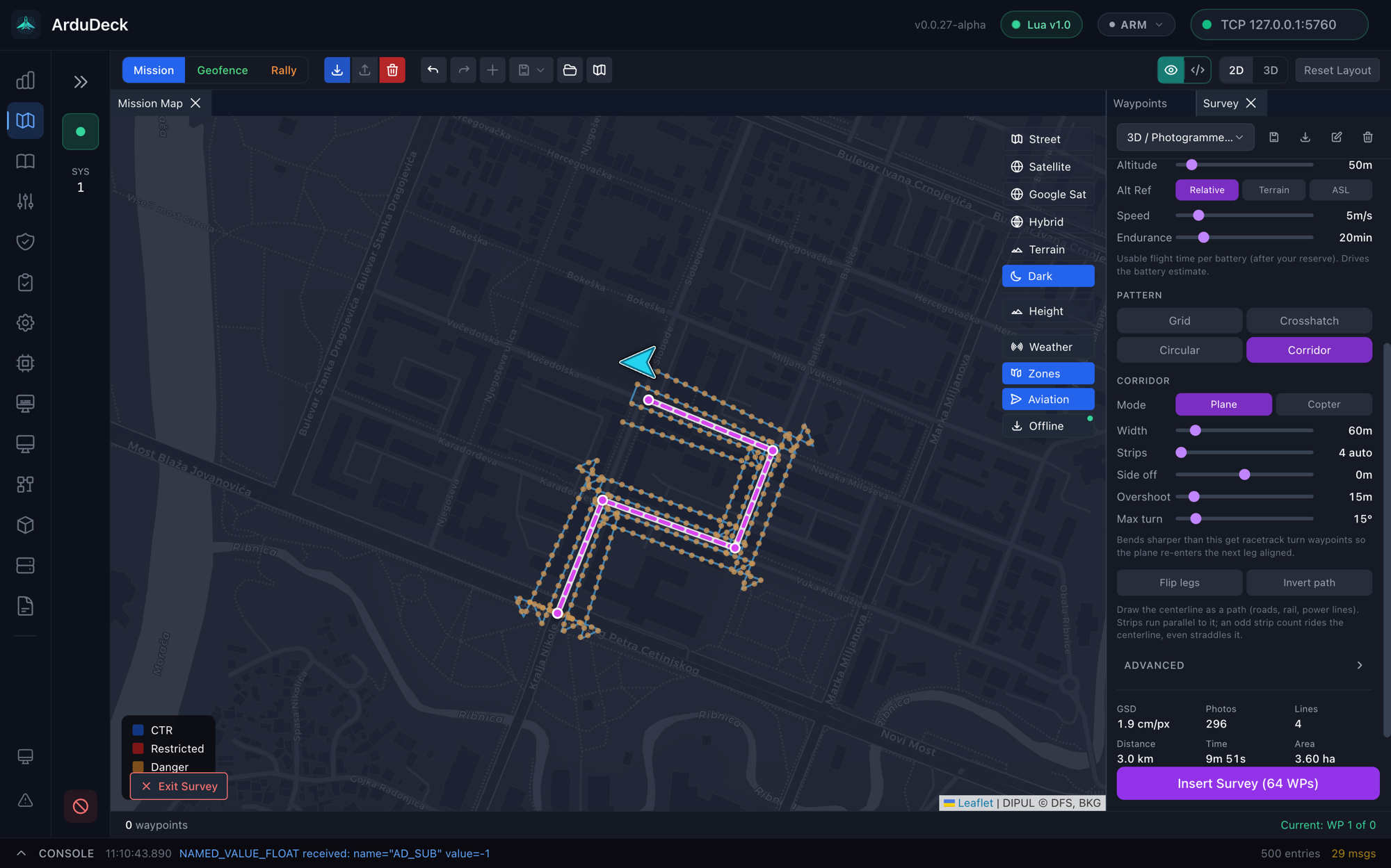 Corridor survey following a road, with parallel strips and a racetrack turn at a bend