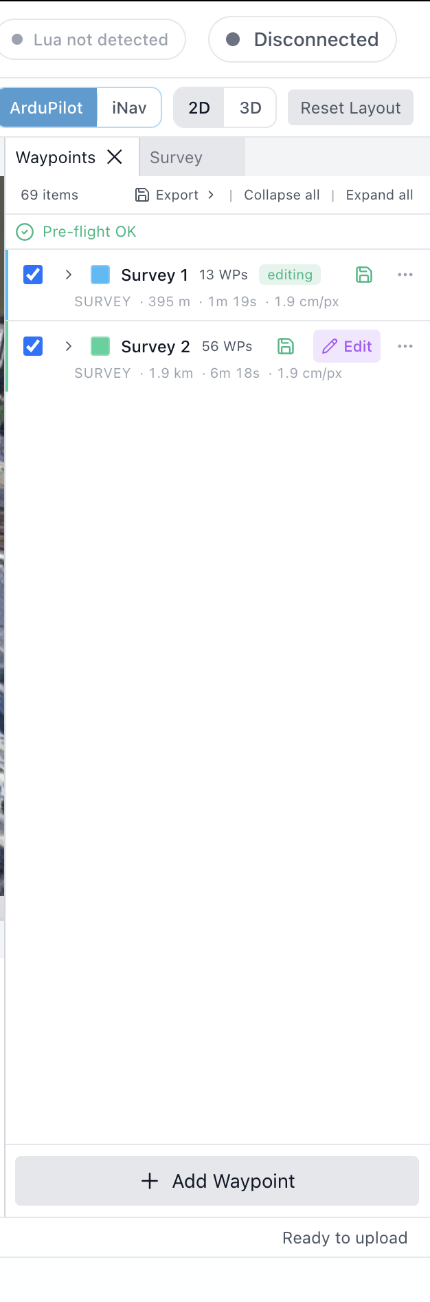 Two colored survey groups in the waypoint list, each showing distance, time, and GSD