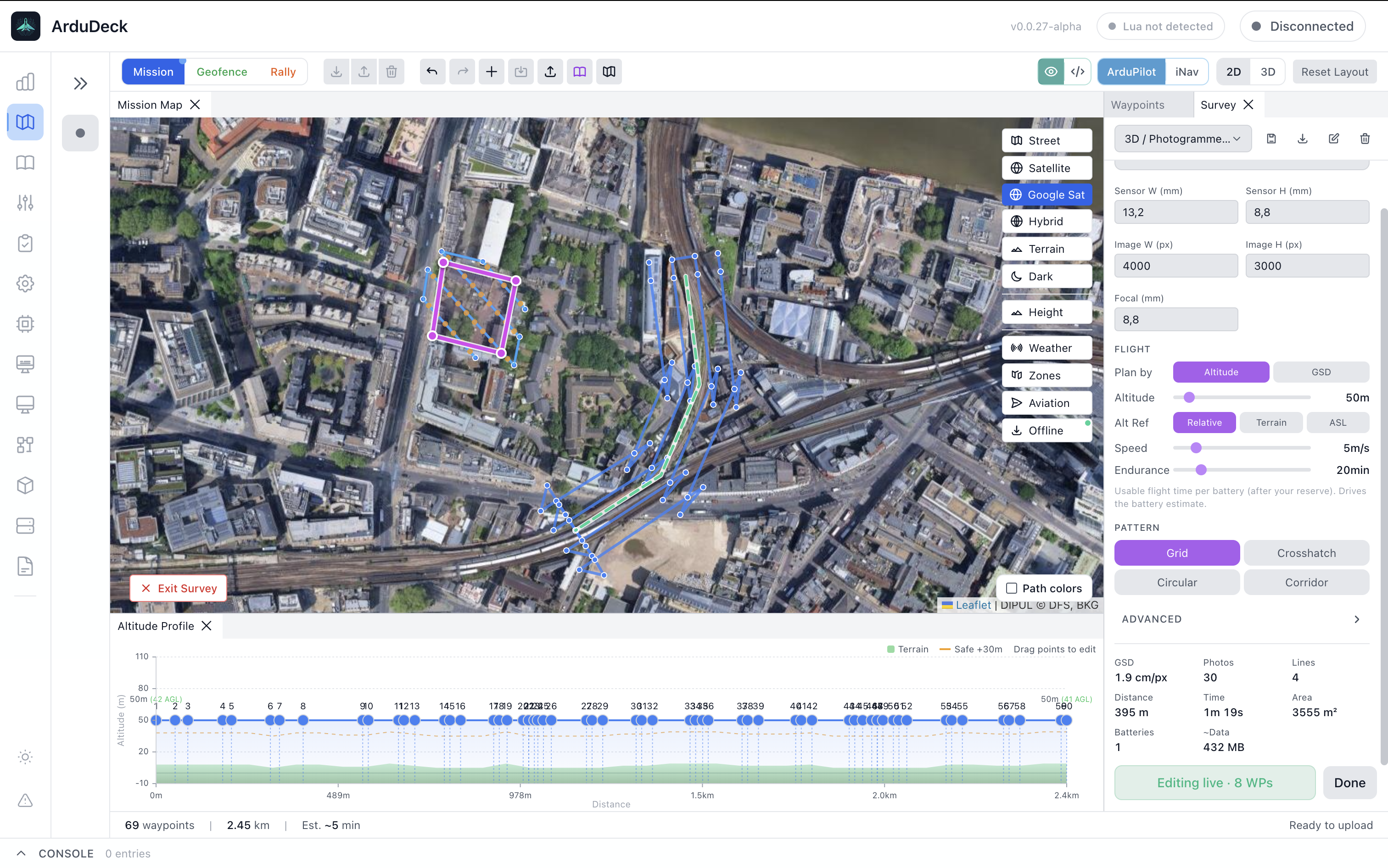 Mission planner with a survey grid on satellite imagery, the survey panel, and the altitude profile