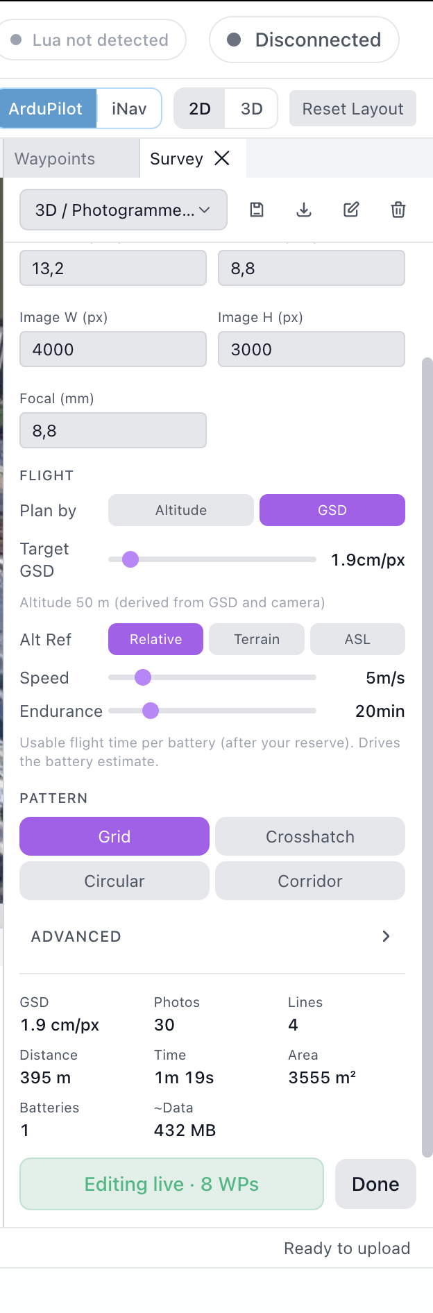 Survey panel set to plan by GSD, with camera, overlap, pattern, and the live stats block