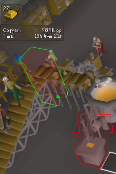 Blast Furnace plugin overlays: a bar interface, a label showing the amount of gold in the Blast Furnace coffer, and an overlay of the conveyor belt's clickbox