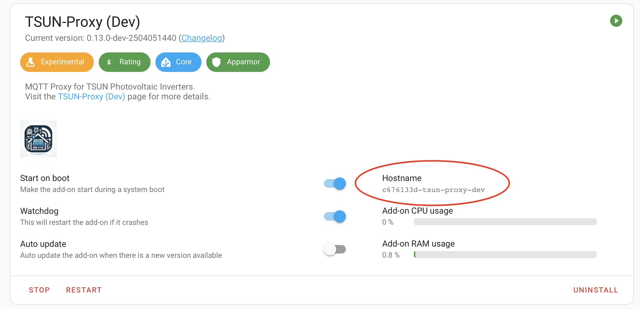 App info page showing the hostname of the container