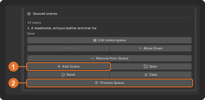 The Scene queue page with 49 queued scenes: the selected item and its status, the list editor and move buttons, (1) Add Scene and (2) Process Queue