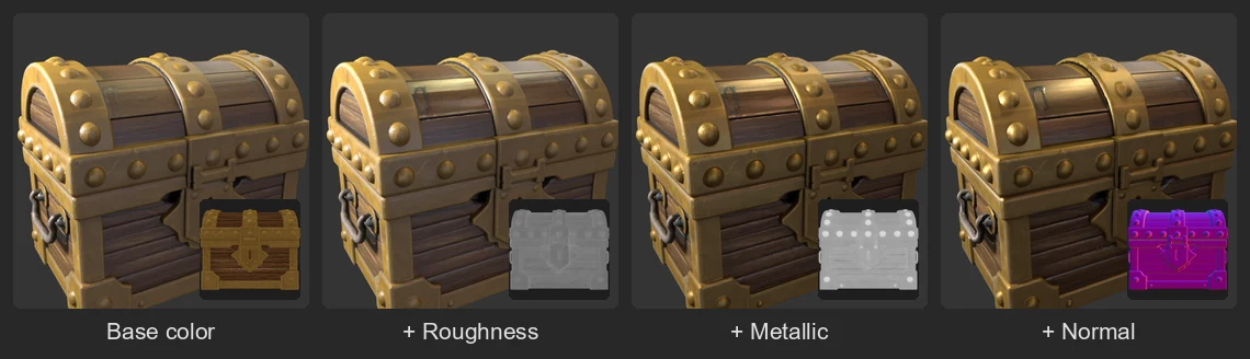 The README treasure chest built up one map at a time while a light sweeps across it: base color only, then with roughness, metallic (the brass turns reflective) and normal; each panel shows that map as an inset