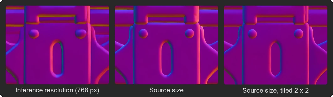 The normal map of the chest's lock plate inferred at 768 px, at the source image's size, and at the source size tiled 2 x 2: at 768 px the keyhole and bolt edges wobble; at the source size they are crisp, and tiling sharpens edges slightly further