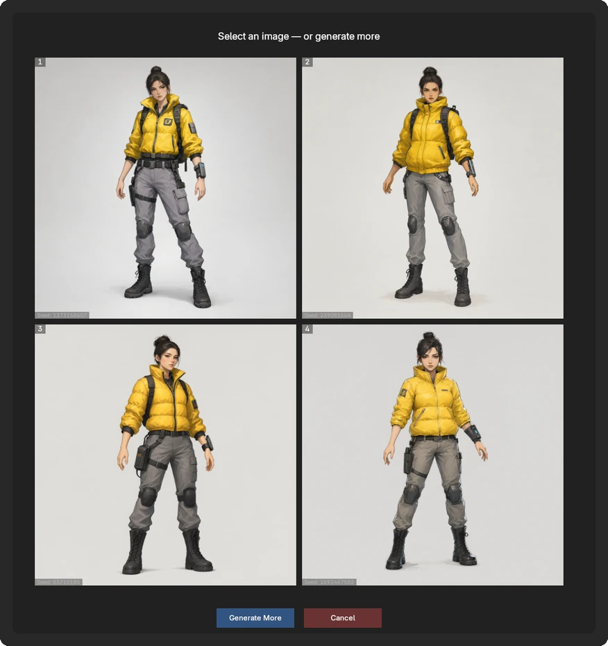 The preview gallery in the viewport: four candidate images of the courier, with Generate More and Cancel below