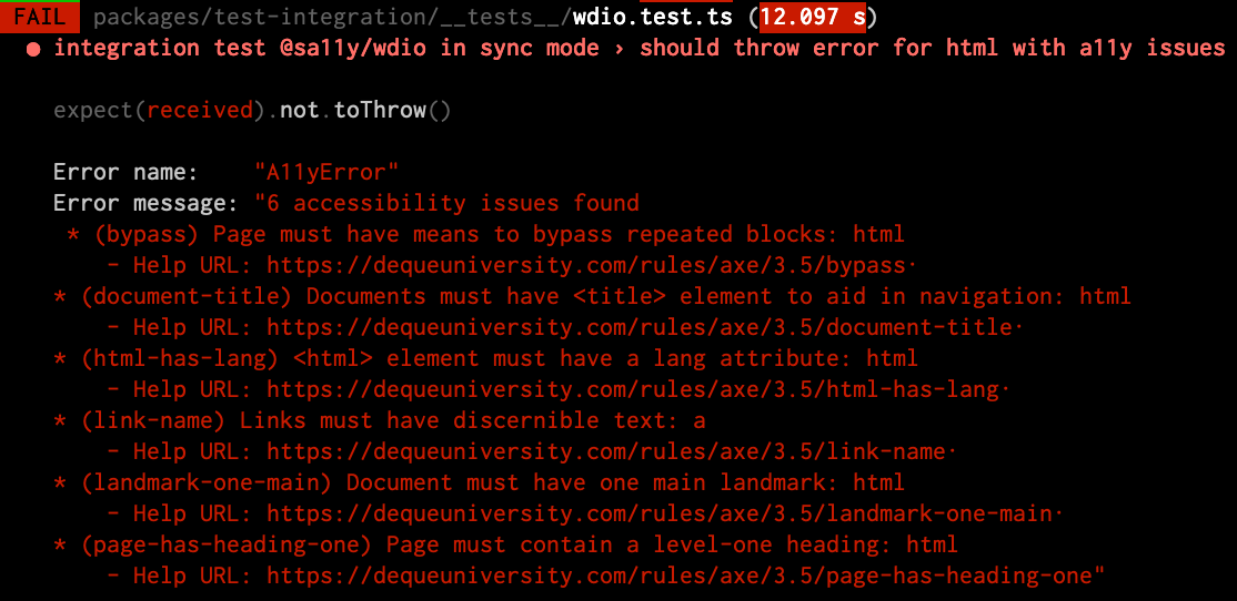 Screenshot showing a11y errors from a test using Sa11y WDIO in a terminal