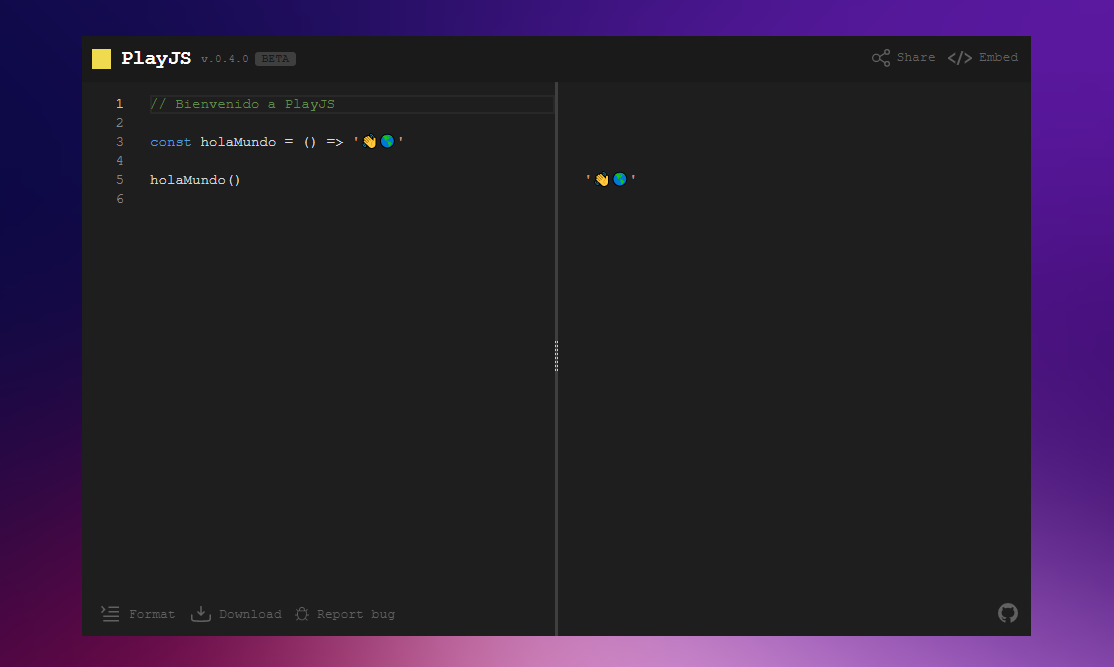 PlayJS screenshot with a simple Hello World function