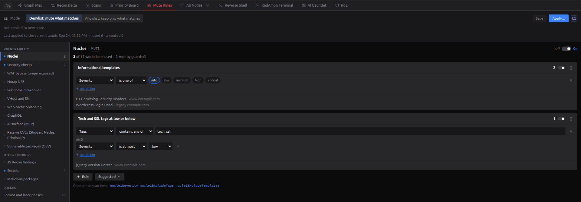 Mute Rules: the kinds on the left, the Nuclei rules with their live preview on the right