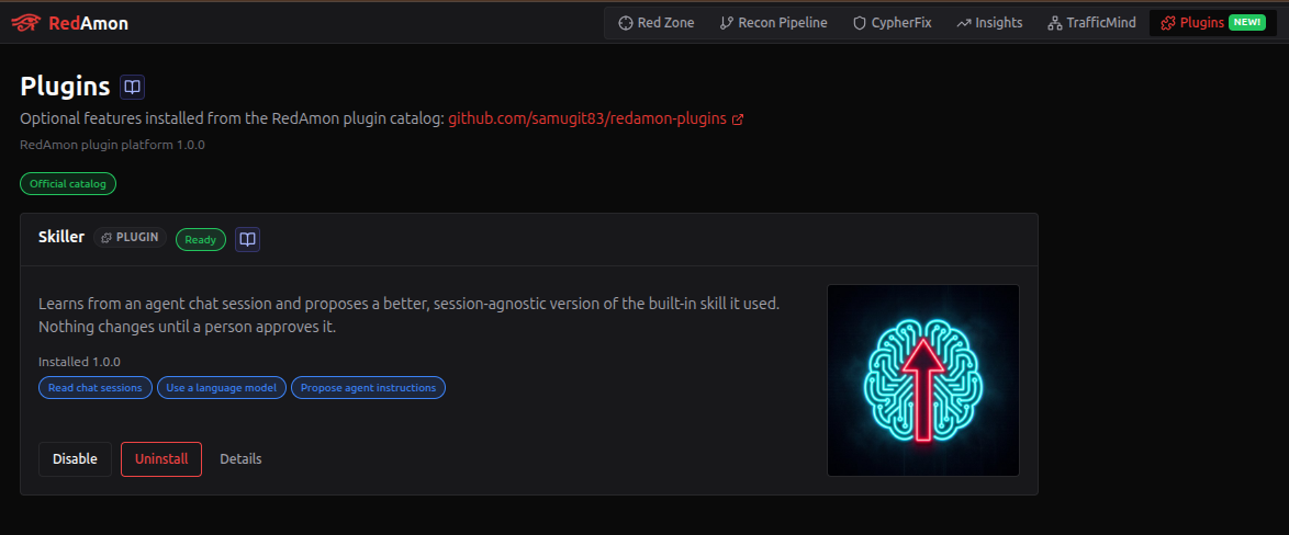 The Plugins page: the title with its wiki link, the catalog link, the platform version, the Official catalog badge, and the Skiller card, Ready, with its permissions, Disable, Uninstall and Details