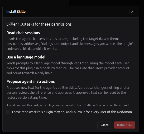 The consent prompt for Skiller 1.0.0: Read chat sessions, Use a language model and Propose agent instructions, each with what it allows, the note that the code runs isolated in the plugin runner, and the consent checkbox