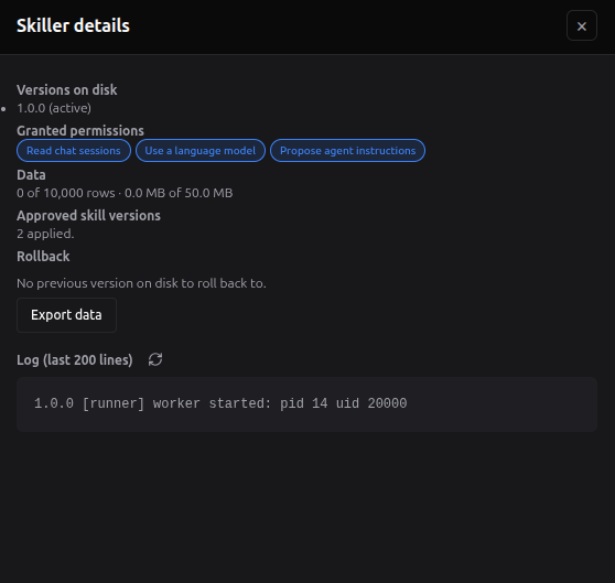 The details panel of Skiller: versions on disk (1.0.0 active), granted permissions, data used (0 of 10,000 rows, 0.0 MB of 50.0 MB), approved skill versions (2 applied), rollback, Export data, and the last 200 lines of its log