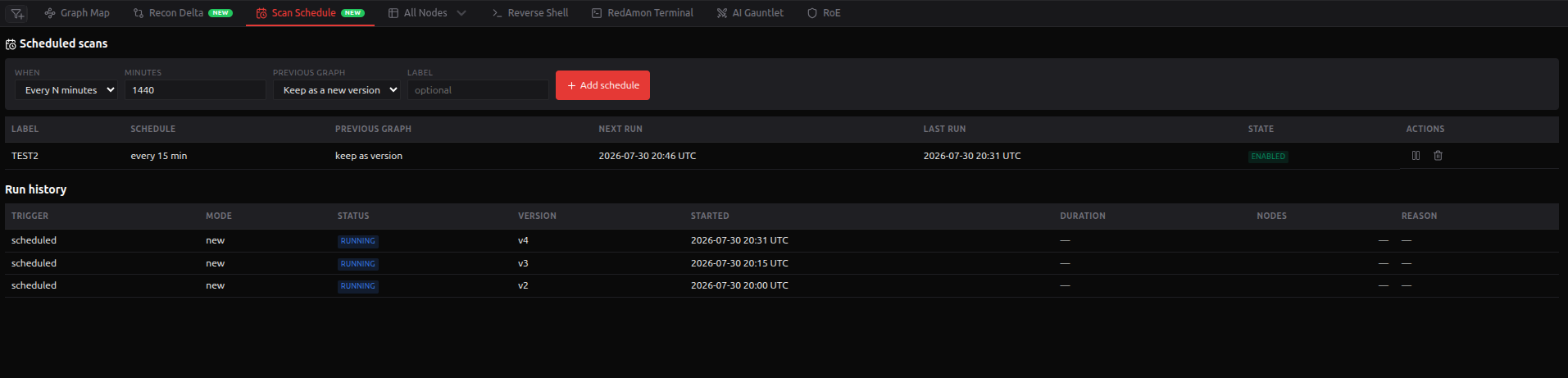 The Scan Scheduler tab: scheduled scans and the run history