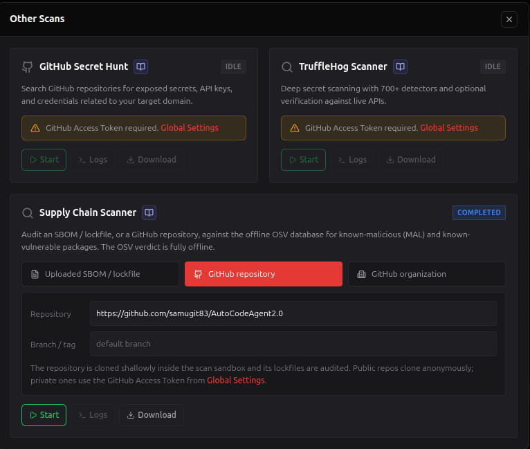 The Supply Chain Scanner in the Other Scans modal