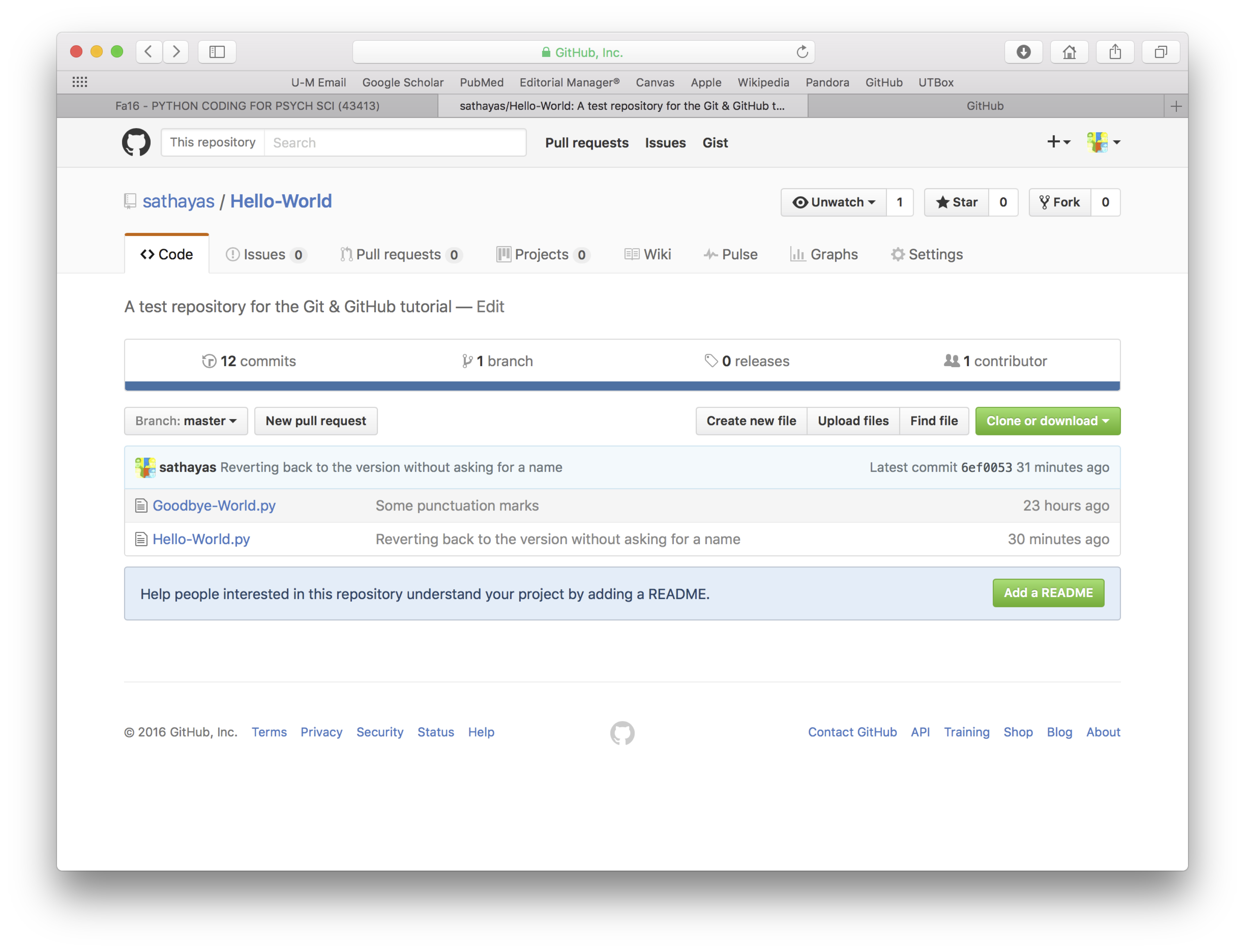 Screenshot, showing the content of a new GitHub repository