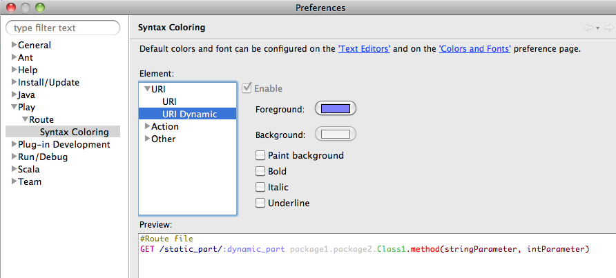 Route Preference Page for Syntax Coloring Preview