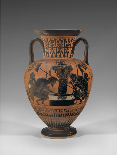 Achilles and Ajax playing a dice game, black-figure neck amphora, attributed to the Leagros Group, ca. 510 BCE, terracotta, Athens, Greece