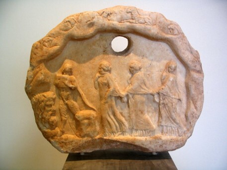 Dedicatory relief carving of a cave, ca. 300 BCE, marble, from the Sanctuary of the Nymphs and Pan at Vari Cave near Athens, Greece. 