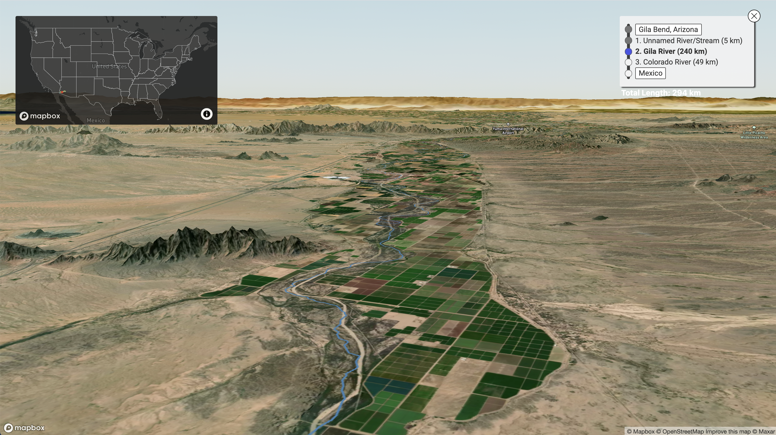 Screenshot of the river runner in progress from Southwest Arizona to Mexican border. Mountain features, desert, and river are visible.