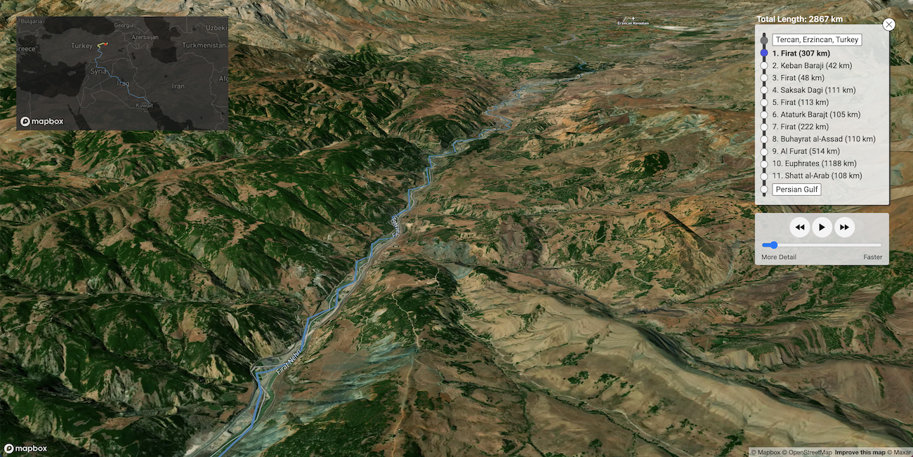 Screenshot of the river runner in progress from eastern Turkey to the Persian Gulf. Mountain features and river are visible.