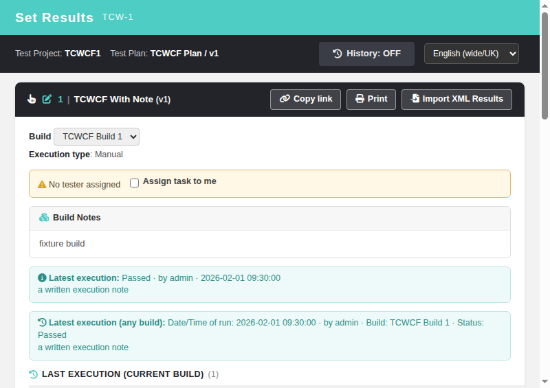 Set Results popup opened from the Execute icon, with build/platform context