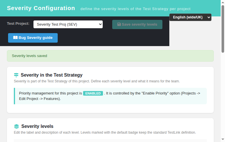 Severity Configuration screen