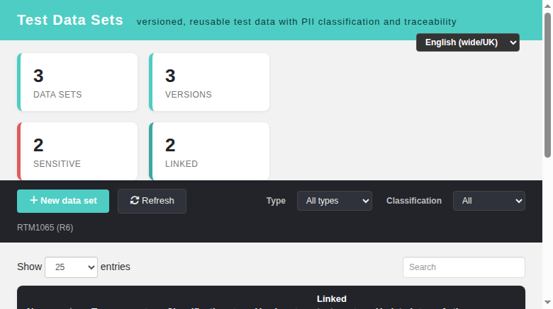 Test Data Sets — registry with tiles and filters