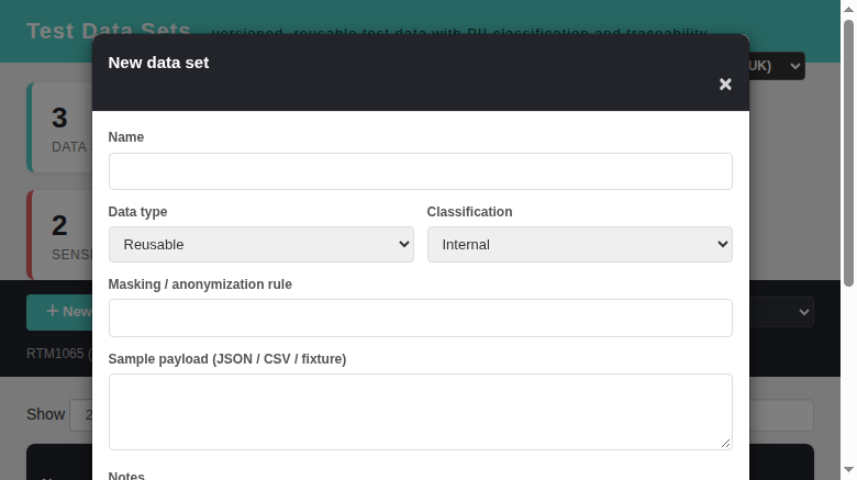 Test Data Sets — create / edit modal