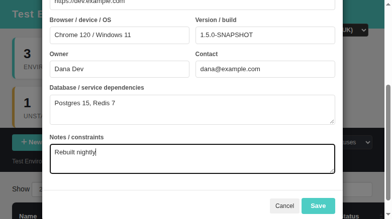 Test Environments — create modal with QA / Available defaults