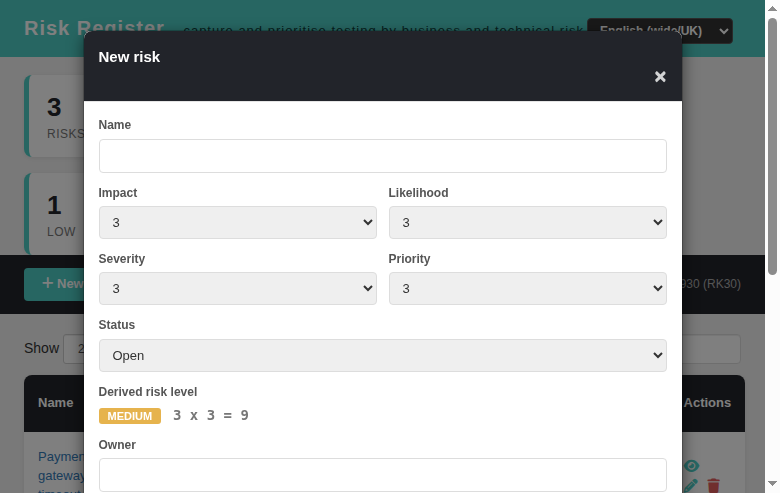 Risk Register — create modal with the live derived risk level and the linked requirement/test-case pickers