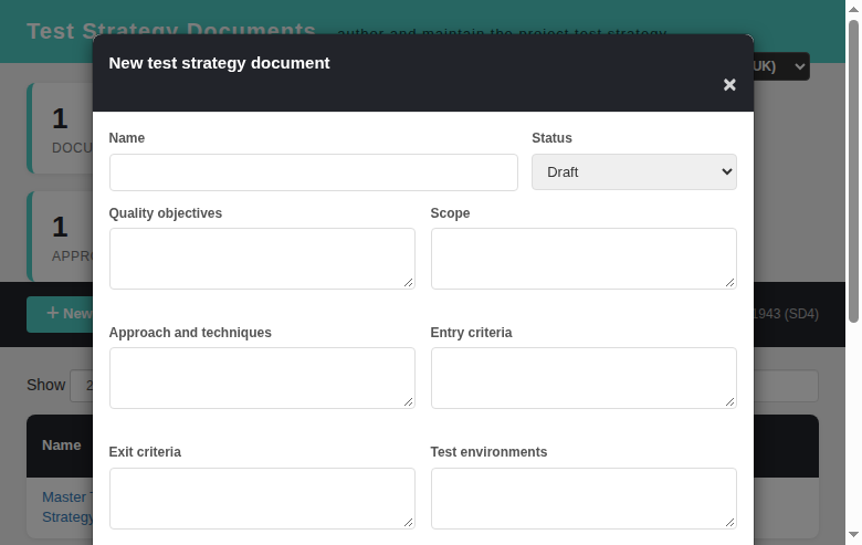 Test Strategy Documents — create modal with the 9 strategy section textareas