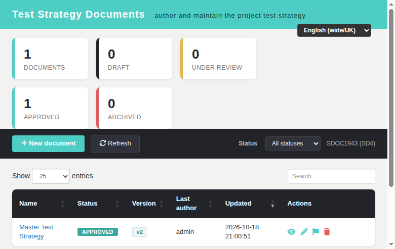 Test Strategy Documents — registry with metric tiles, status filter and the project chip