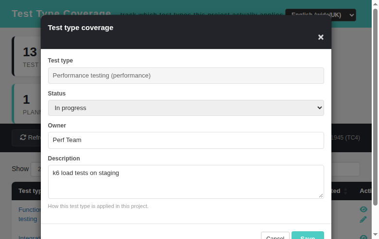 Test Type Coverage — edit modal