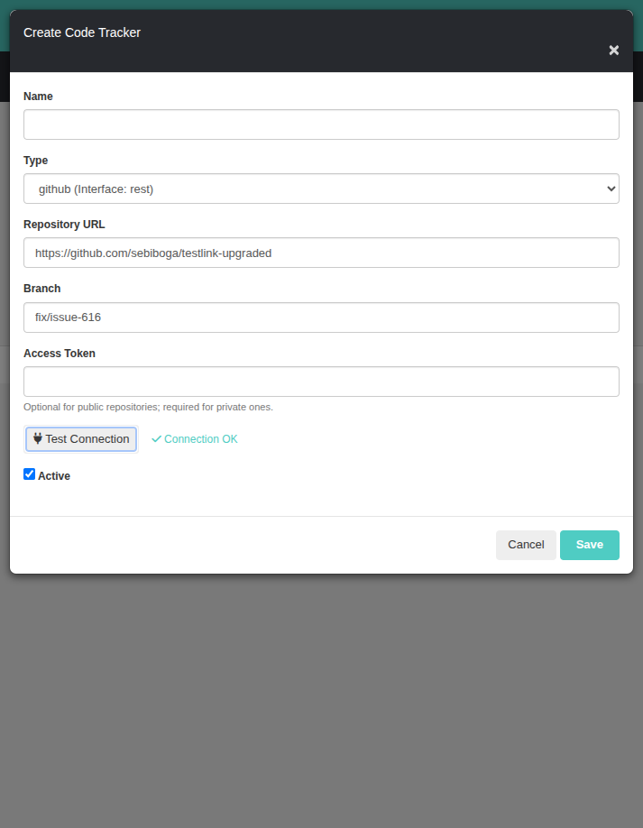Codetracker GitHub — create modal, Connection OK