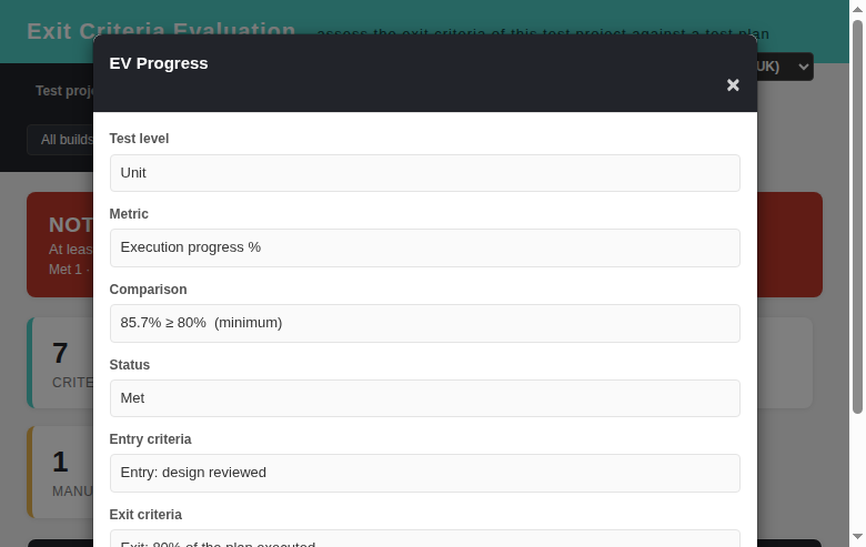 Exit Criteria Evaluation — the criterion details modal