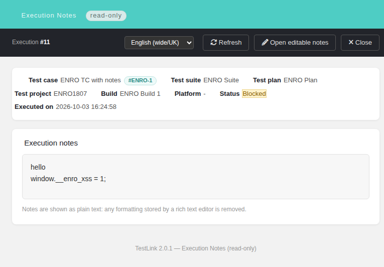 Execution Notes (read-only) — stored XSS payload rendered inert