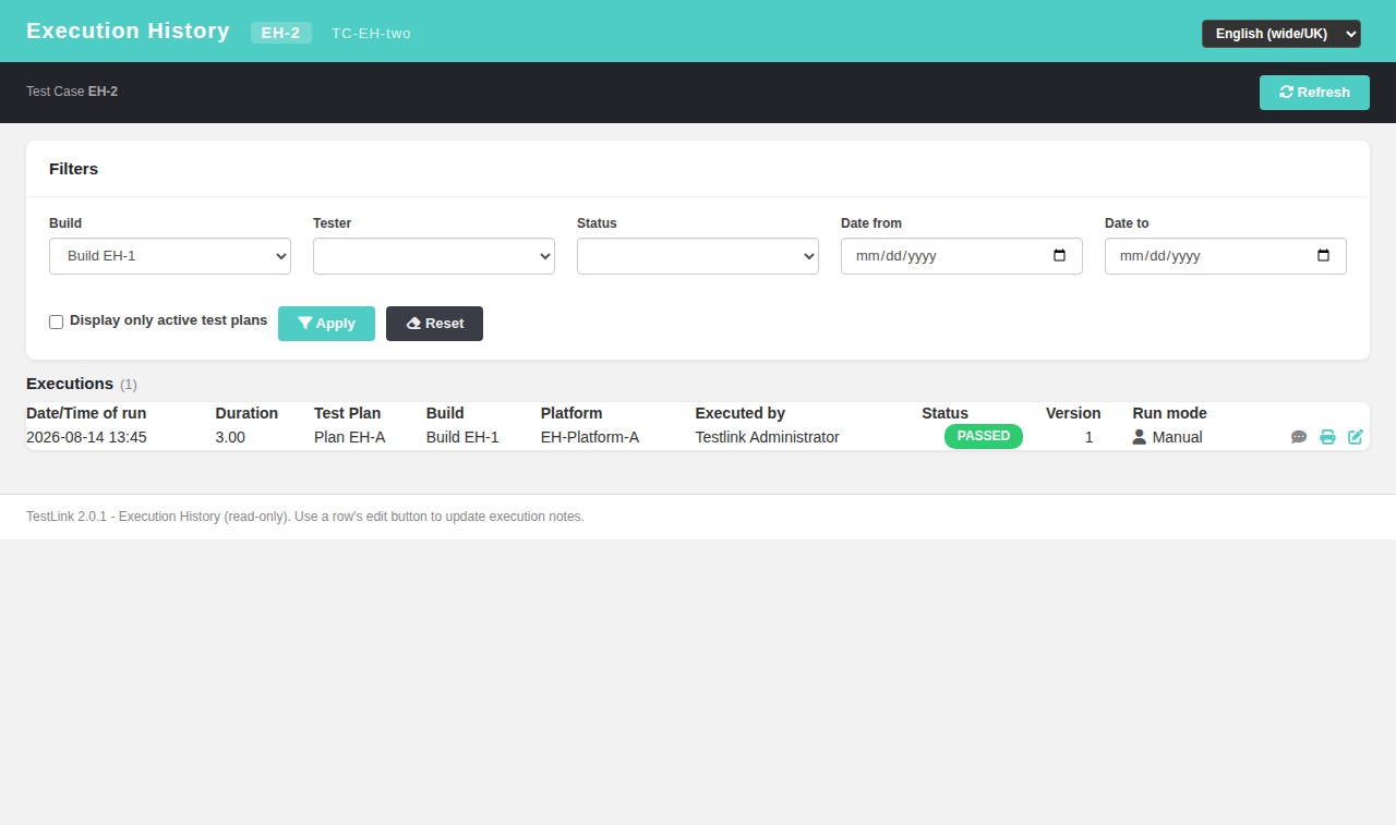 Execution History filter