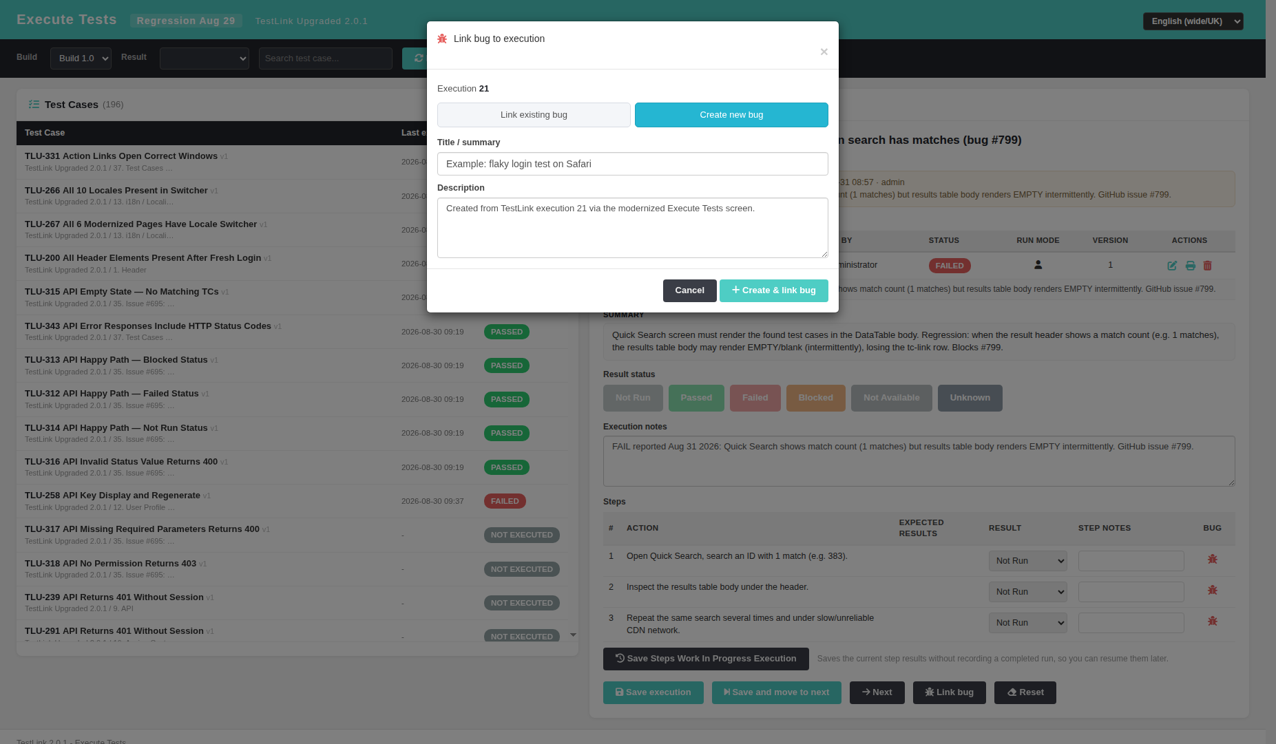 Create new bug modal
