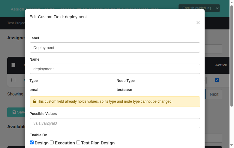 Assign Custom Fields edit modal with the new Delete action