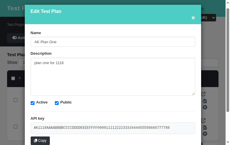 Test Plan edit modal showing the read-only API Key with a Copy button