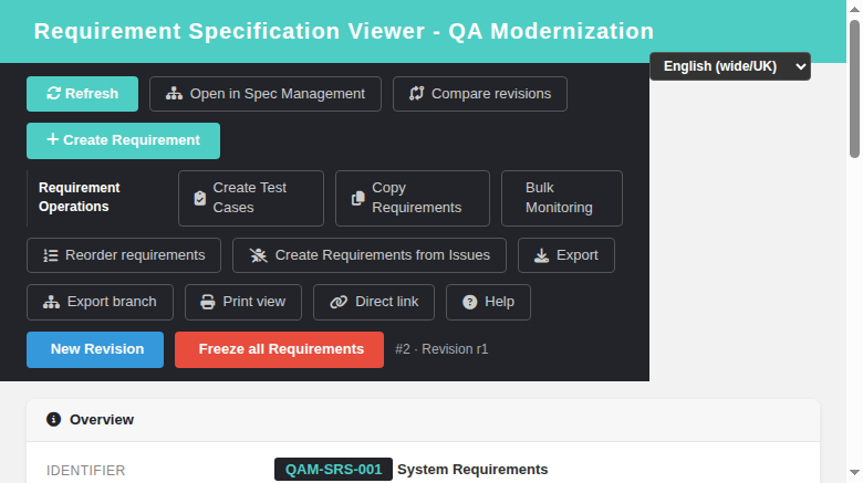 reqSpecView toolbar with the + Create Requirement button for a manager