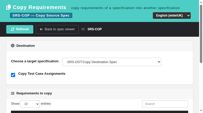 Copy Requirements screen: target select + Copy Test Case Assignments + requirement checkboxes