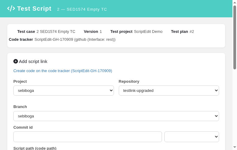 Execution Script Edit popup — create mode with repository file browser
