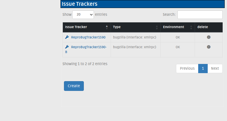 Issue Tracker list: delete icon tooltip now reads "delete"