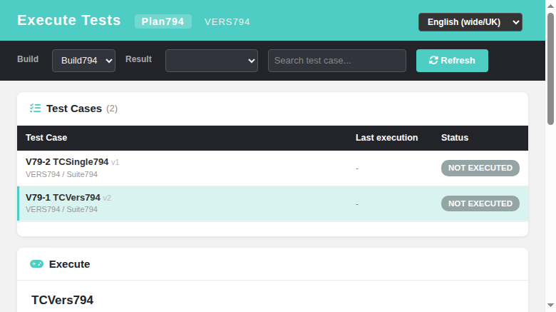 Execute Tests — version selector