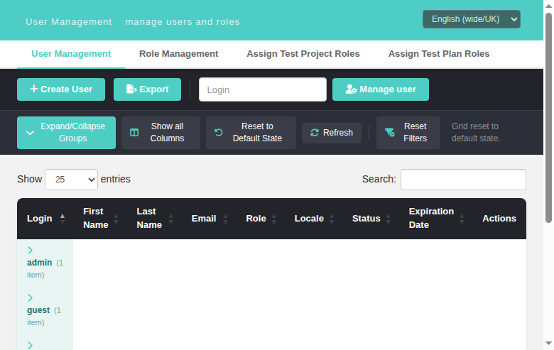 User Management grid toolbar — all groups collapsed